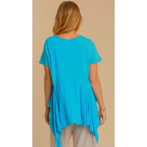 New Umgee S M Turquoise Blue Linen Blend Sharkbite Hem Oversized Tunic Top - Picture 2 of 5
